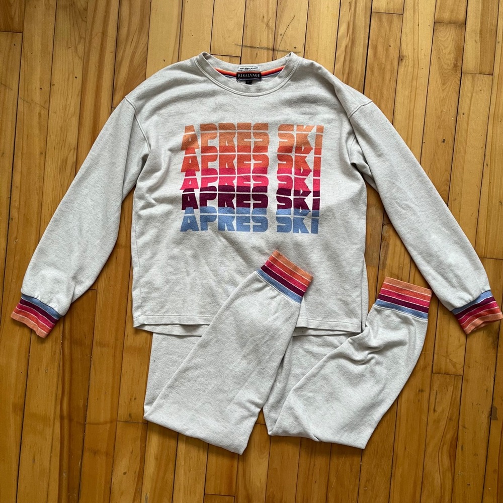 PJ Salvage Après Ski Sweatshirt Pyjama Pajama Jogger Set Gray Rainbow Stripe XS